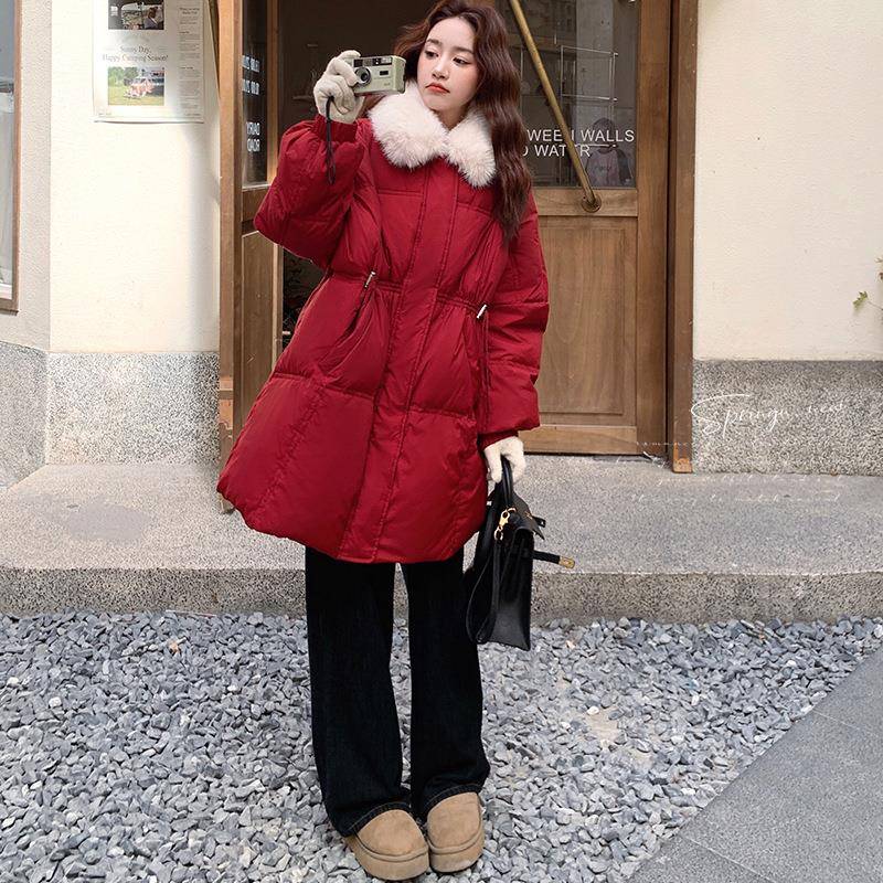 红色大毛领绒服女冬季羽新款中韩系长款休闲收腰鸭白绒b158-D2厚