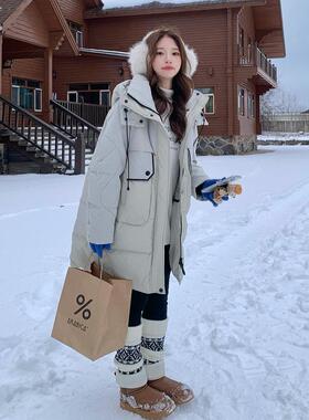 米小白色设计感白个鸭绒羽绒服女冬年款中长D085-K01款新子收腰爆