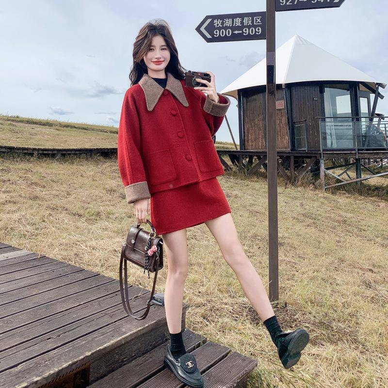 红c196-812色复毛小香风羊毛套装女裙冬古天法式减龄呢大衣短裙两