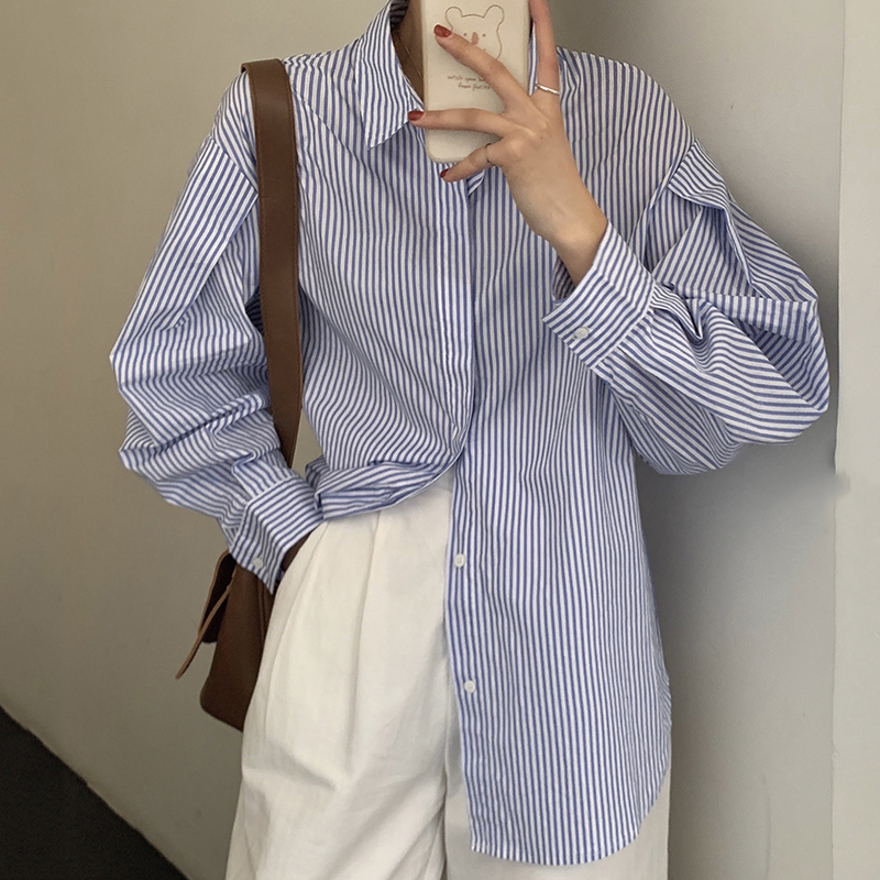 Real price temperament striped shirt women's design sense niche shirt
