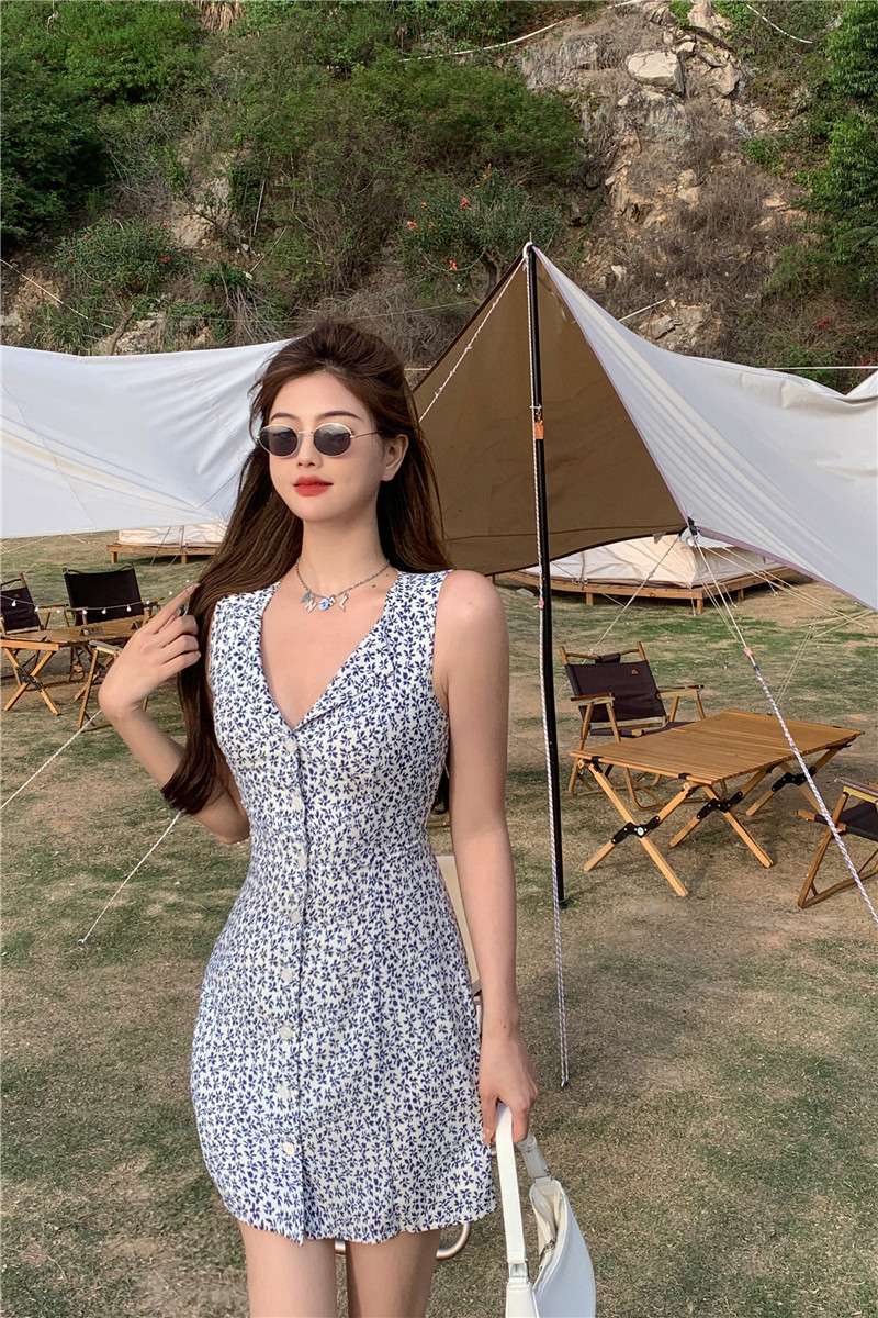 Real Price vintage print Mini Lapel swan neck French lace up playful vest dress