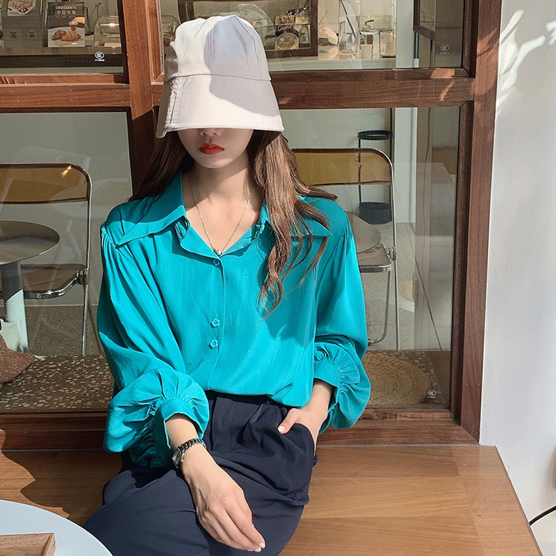 Real shot real price Hin special solid color loose Lantern Sleeve large size pointed collar shirt