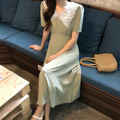 Real price show thin lace big Lapel stitching dress
