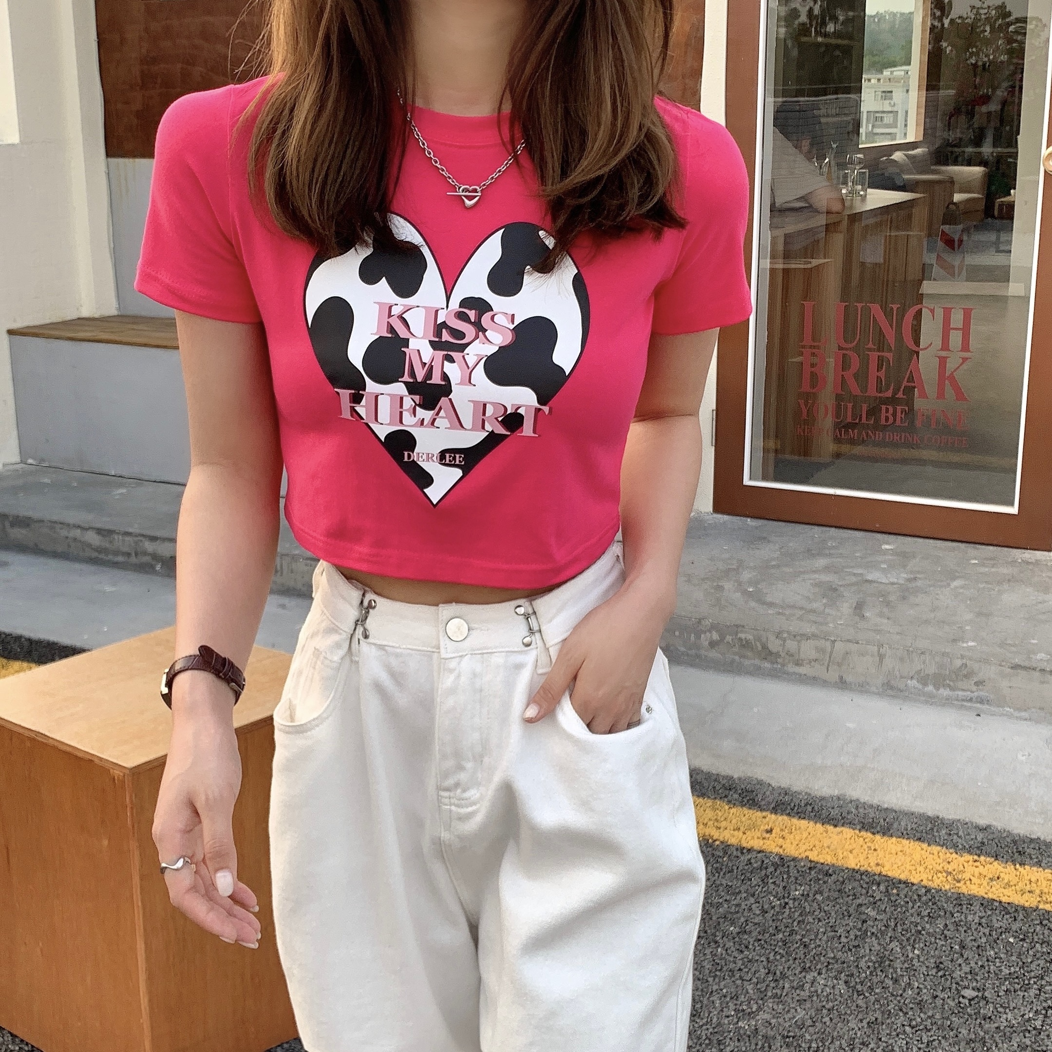 Real price love Cow Print short sleeve open navel short T-shirt
