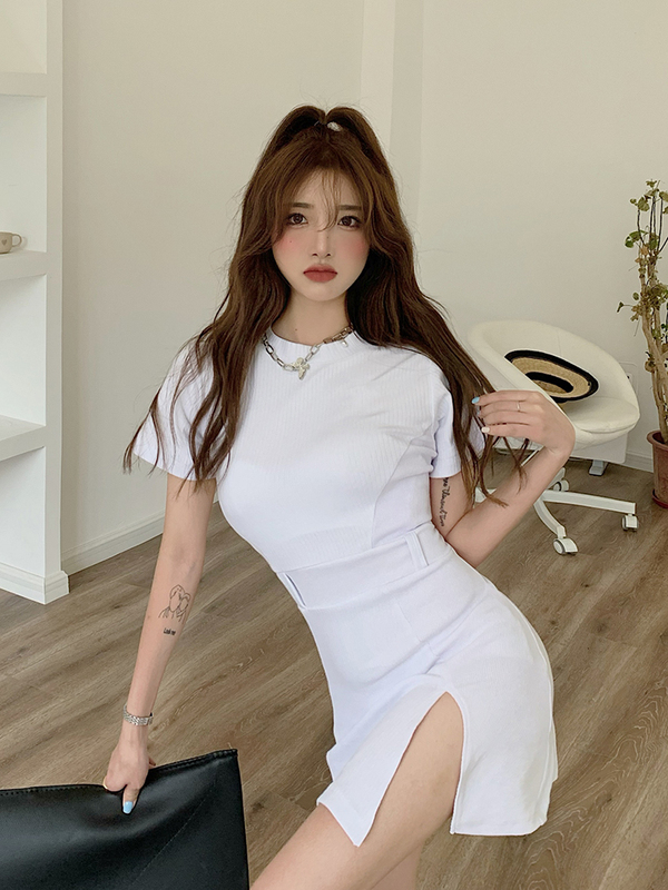 Real price round neck short sleeve side split tight elastic dress