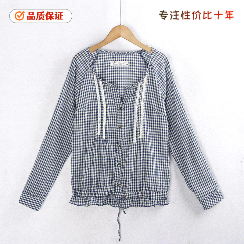 670千鸟格衬衫 春夏v领花边抽绳时尚透气薄款小衫衬衣女装外贸尾