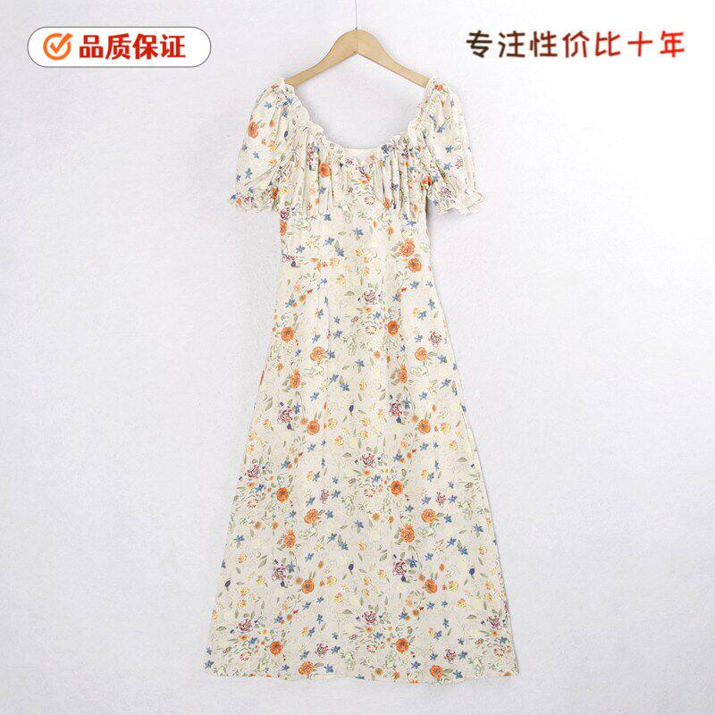 1041印花长裙 春夏花边抹胸时尚显瘦百搭气质连衣裙女裙外贸尾单