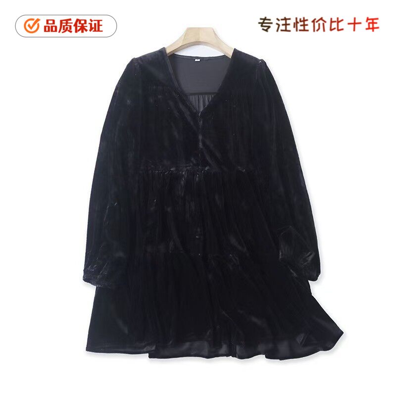 489金丝绒长裙 秋季新款套头拼接网纱时尚荷叶三层大摆裙女外贸