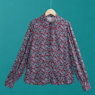 6488人棉衬衫 夏季翻领棉绸碎花显瘦薄款透气长袖防晒衬衣女外贸