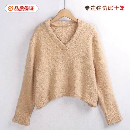 552雪尼尔毛衣 冬季大码v领时尚宽松短款简约毛针织毛线衣女外贸
