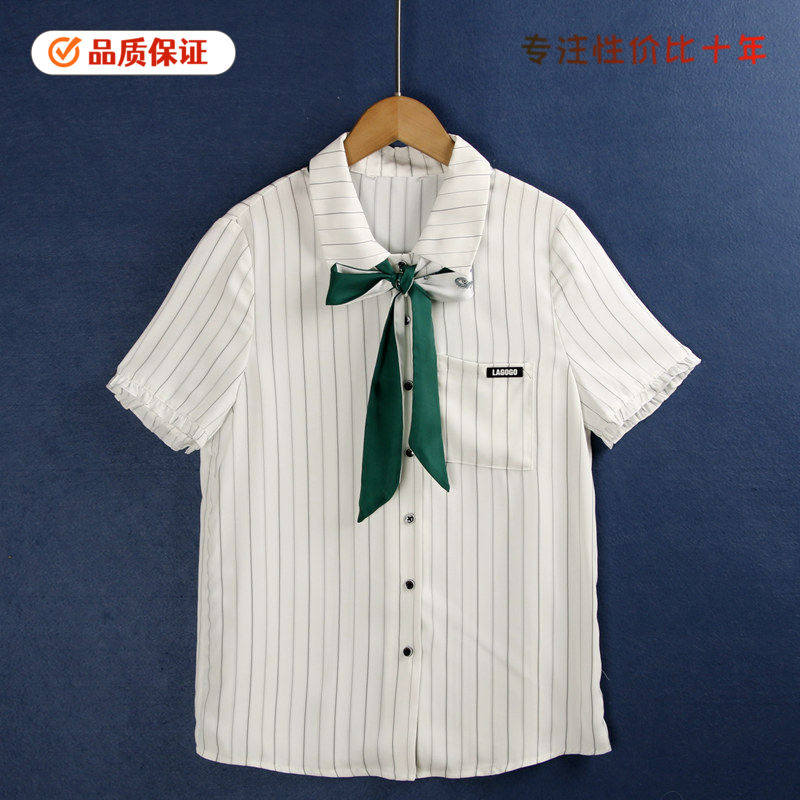 218条纹衬衫 夏季新款翻领系带百搭花边显瘦雪纺短袖衫女外贸尾单