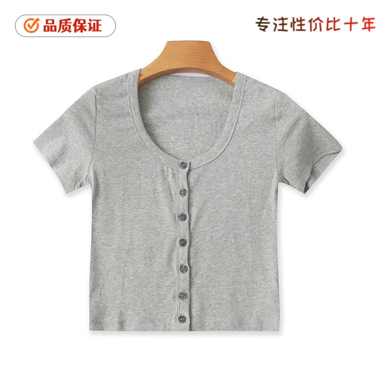 448纽扣T恤衫 夏季棉质新款套头简约修身弹力短款时尚短袖衫外贸