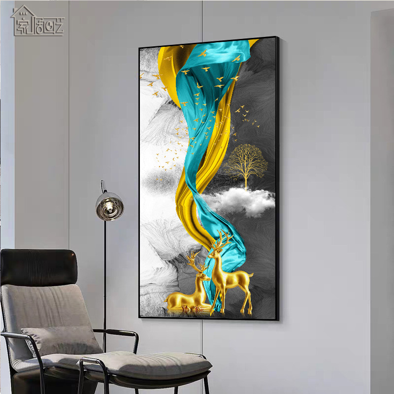 玄关招财麋鹿装饰画过道走廊尽头进门挂画现代简约竖版尺寸墙壁画