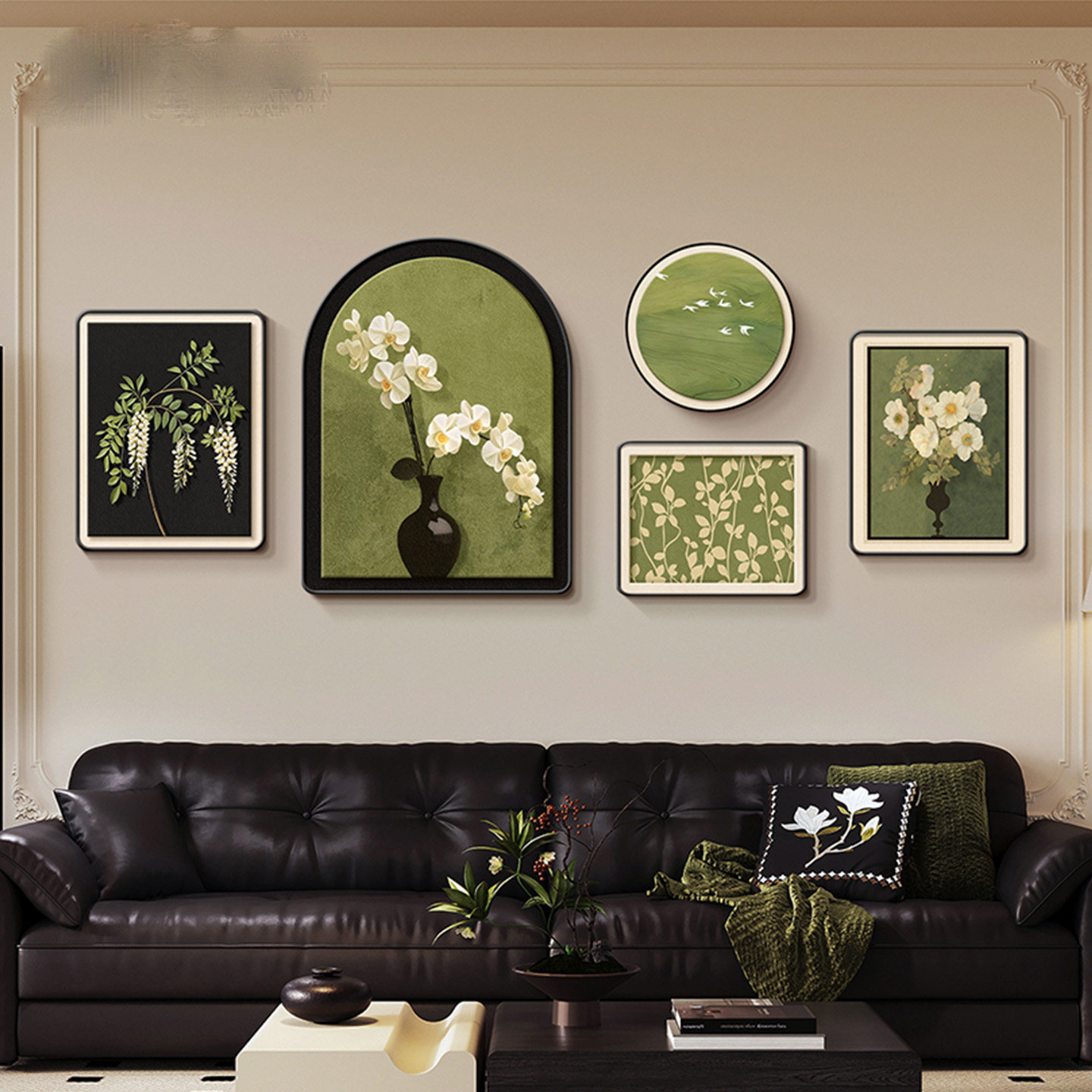 蝴蝶兰中古风客厅装饰画绿色系沙发背景墙挂画法式高级感组合壁画