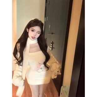 一字肩可爱小兔长袖连衣裙女冬季修身甜美风短裙显瘦收腰包臀裙子