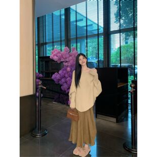 单/两件套蝙蝠袖套头毛衣女秋季针织衫中长款不规则上衣半身裙子