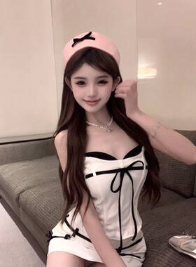 单/套装蝴蝶结鱼骨修身抹胸背心上衣撞色网红女夏季包臀半身裙潮