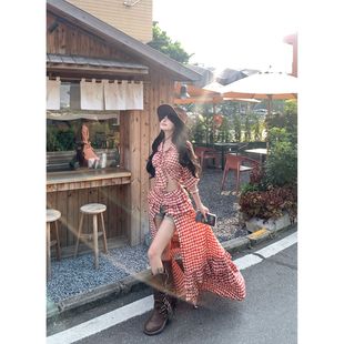 高腰开叉半身裙两件套 红色格子绑带polo领长袖 衬衫 女夏季 度假套装