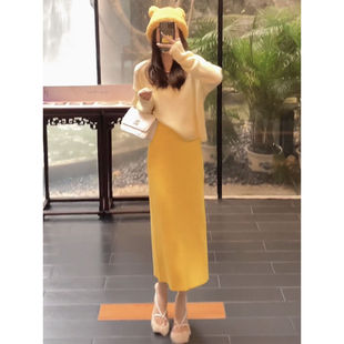 套装 慵懒风软糯毛衣纯色简约套头上衣坑条修身 针织半身裙秋冬新款