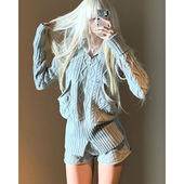 套装 2024新款 复古宽松针织毛衣女高级立体提花短裤 美式 秋冬新款