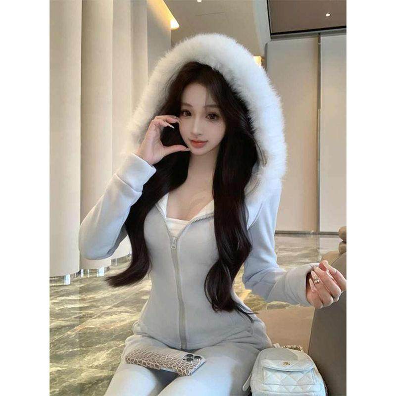 休闲套装加绒加厚毛领长袖卫衣外套女冬季穿搭微喇叭裤长裤两件套,女装/女士精品,时尚套装,淘宝优惠券,粉丝福利购,淘宝优惠卷