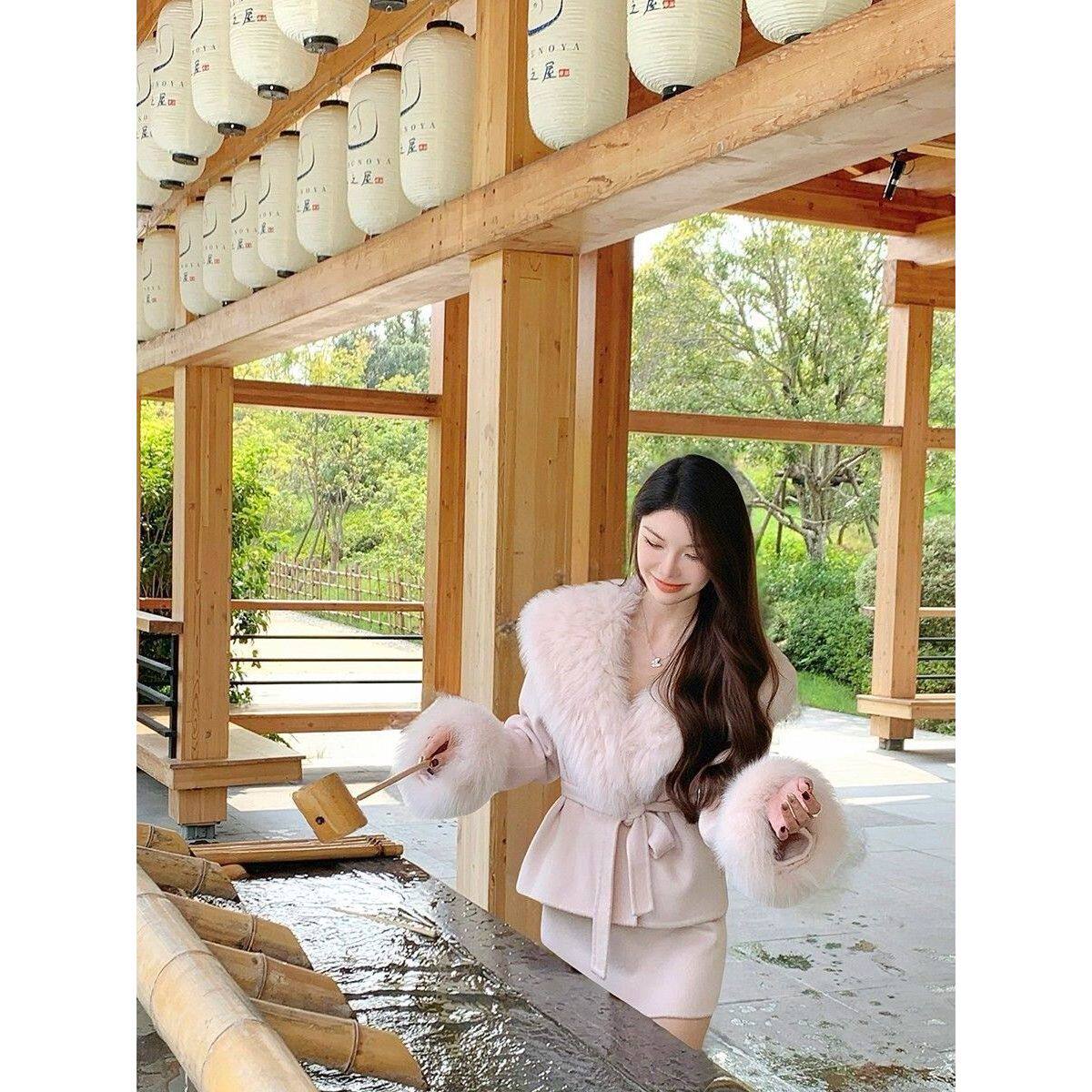 法式气质名媛风毛呢外套+半裙套装女秋冬新款系带显瘦两件套