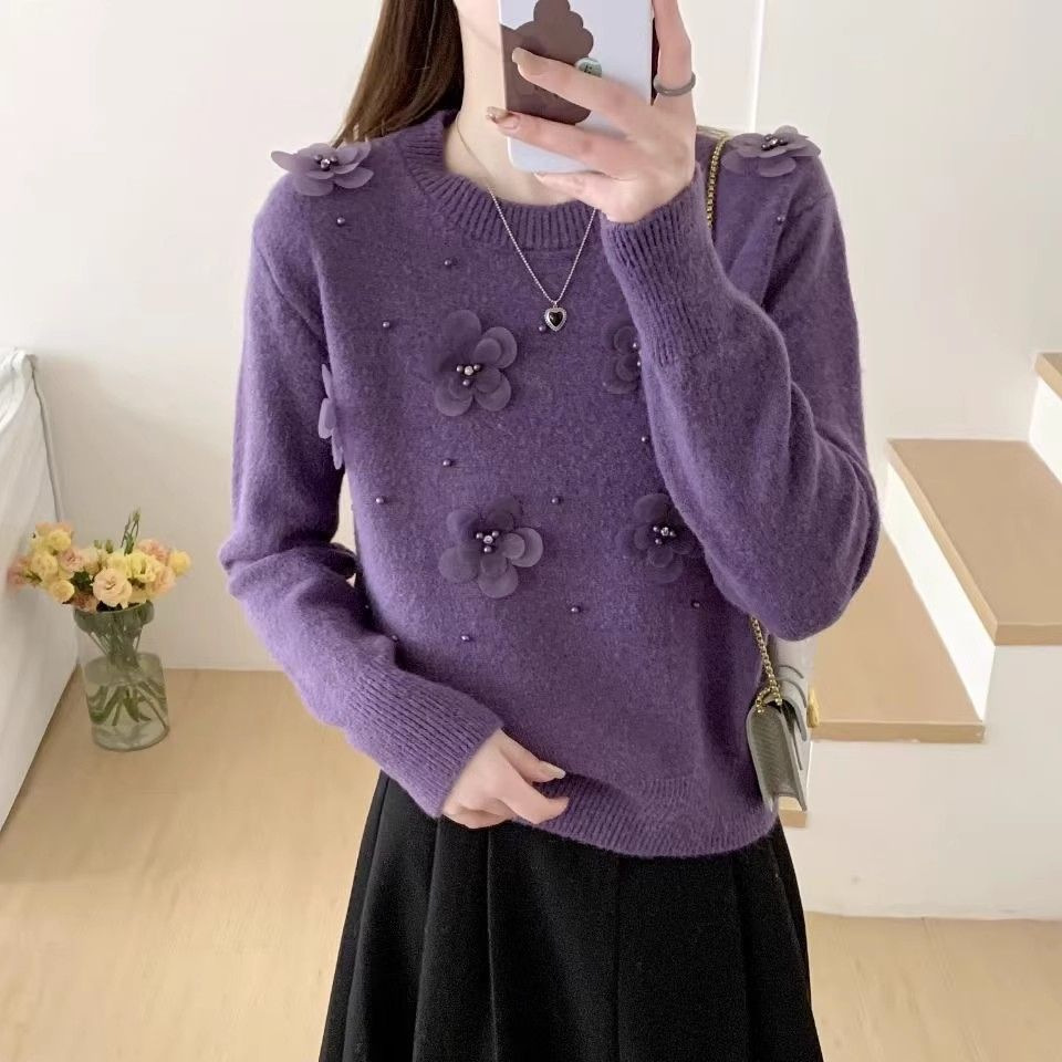 韩版钉珠立体花朵软糯毛