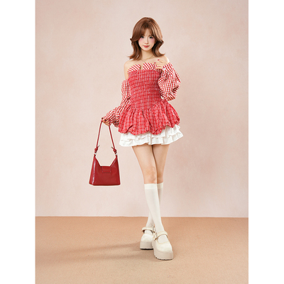 秋季新款2025条纹打揽抹胸泡泡裙连衣裙女气质设计感收腰长袖裙子