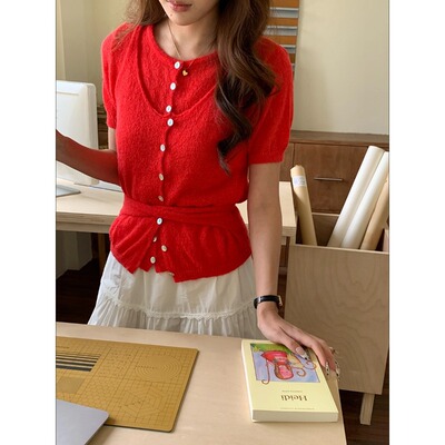 3th Morning 博主私服 设计感针织短袖绑带背心两件套ZY3991