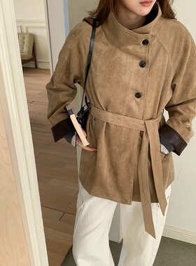 3th Morning 早春新款 高级感麂皮绒立领系带风衣外套ZY3842