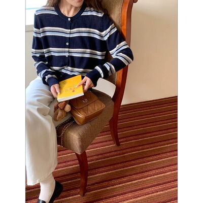 3th Morning 早春新款 撞色条纹圆领宽松显瘦针织开衫ZY3924