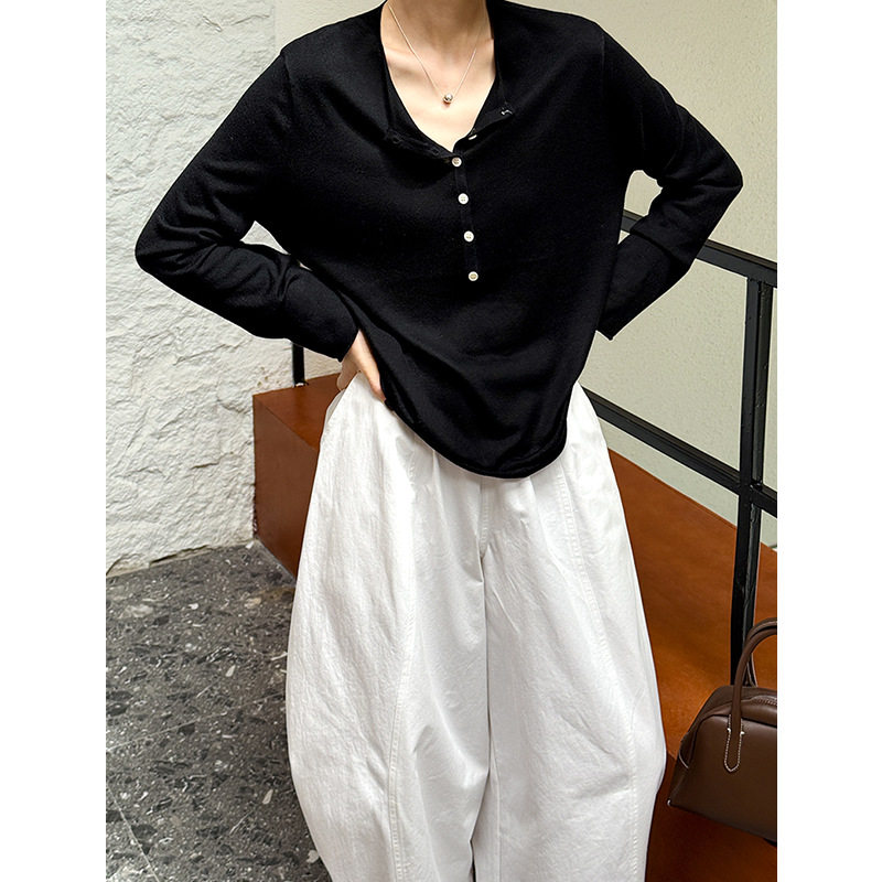 韩系早秋新款高级感长袖针织女薄款半开领修身显瘦打底衫上衣6132