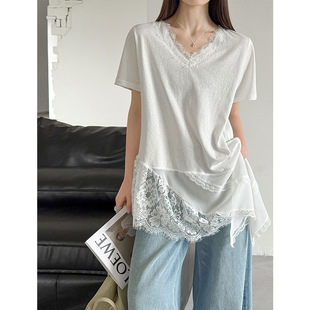 5090 短袖 橘芷韩系春夏款 叠穿打底蕾丝花边背心上衣不规则中长款