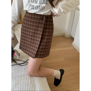 一粒扣不规则格纹高腰半身短裙ZY3828 早春新款 3th Morning
