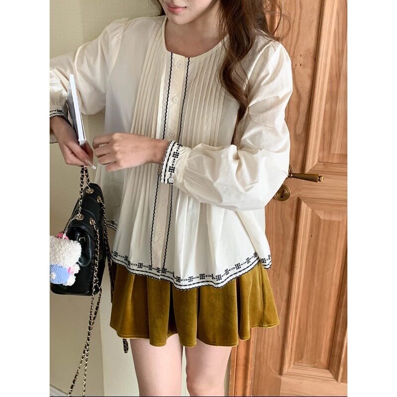 3th Morning 早春新款 民族风刺绣风琴褶圆领长袖衬衫ZY3894