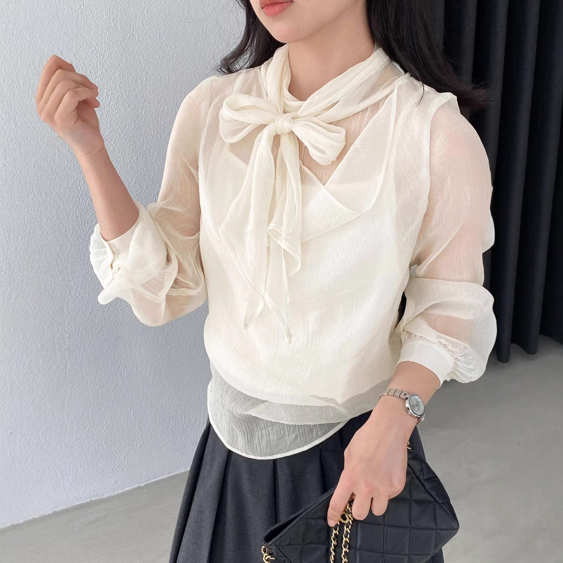 江左 薄雾月光&nbsp;柔软清透欧根纱飘带衬衫女26早春假两件上衣 1768