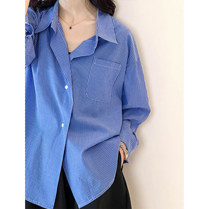 橘芷早春蓝色条纹衬衫女款韩系气质宽松设计感高级上衣1584