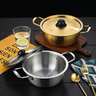 韩国泡面锅不锈钢拉面锅电磁炉韩式网红双耳方便面锅金色煮面锅