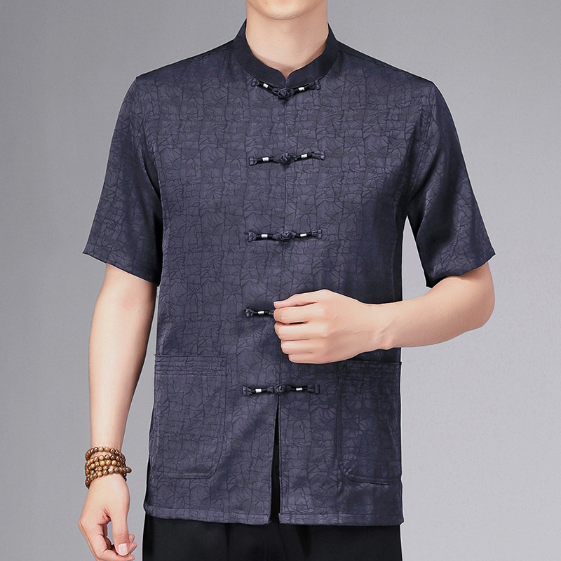 중년 및 노인 남성을위한 당나라 정장 남성 여름 옷 중국 스타일 면화 및 린넨 옷 할아버지 반팔 HANFU 아빠 여름 정장
