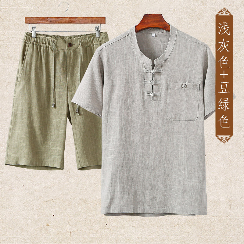 여름 아빠 정장 남성 반팔 티셔츠면과 린넨 여름 옷 중년 및 노인 할아버지 캐주얼 린넨 남성 중국 스타일