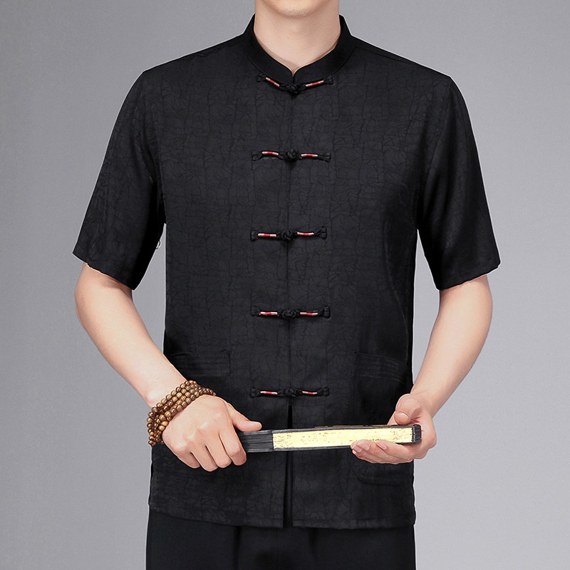 중년 및 노인 남성을위한 당나라 정장 남성 여름 옷 중국 스타일 면화 및 린넨 옷 할아버지 반팔 HANFU 아빠 여름 정장