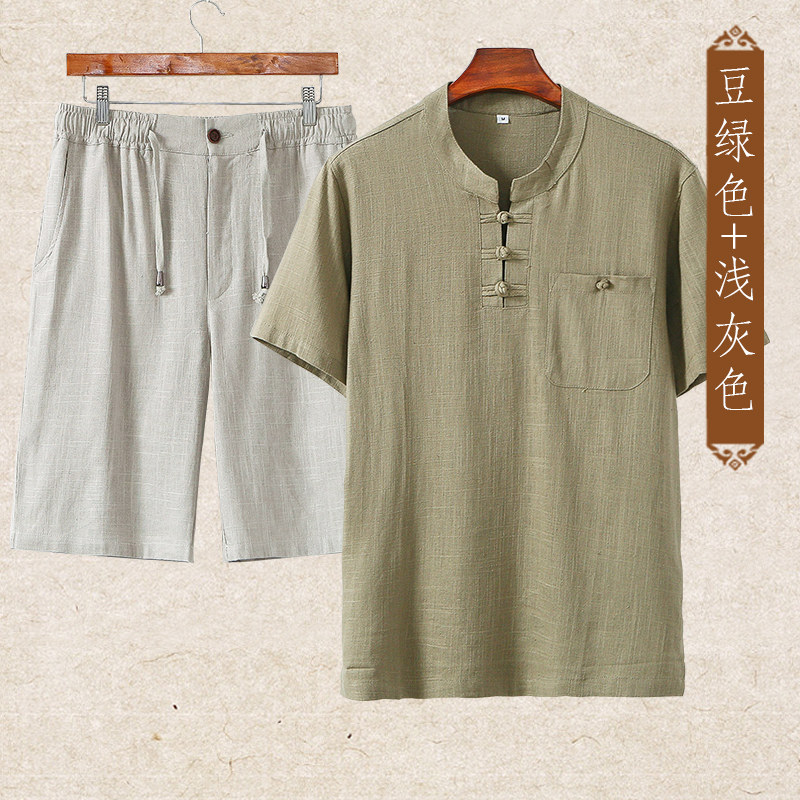 여름 아빠 정장 남성 반팔 티셔츠면과 린넨 여름 옷 중년 및 노인 할아버지 캐주얼 린넨 남성 중국 스타일
