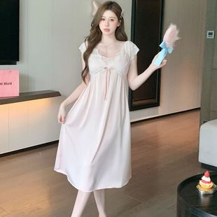 2025新款 带胸垫高档睡衣蕾丝家居服 轻奢性感冰丝睡裙女士短袖 时尚