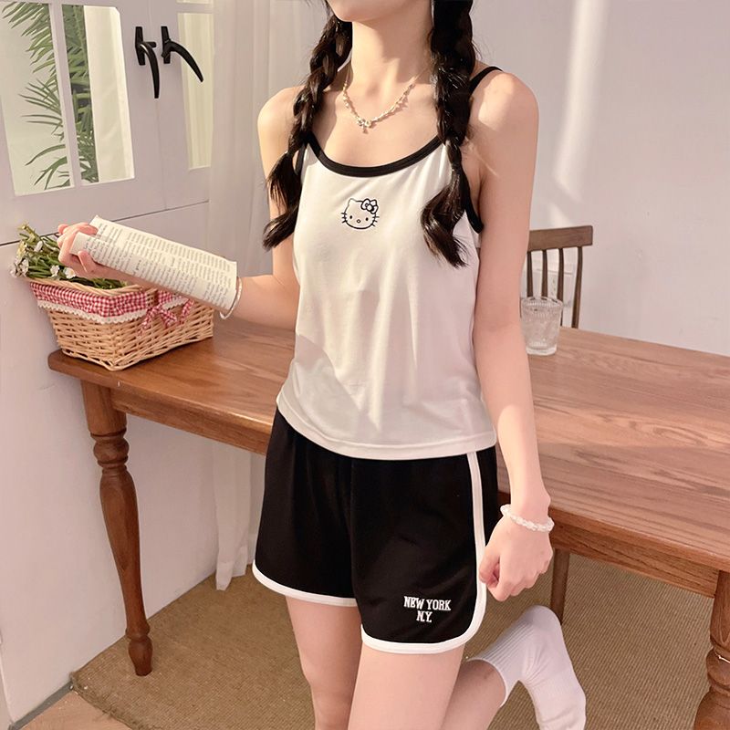 莫代尔猫咪2025新款夏季睡衣女性感吊带短裤带胸垫卡通可爱家居服