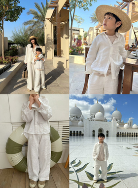 jooca轻氧心情 慵懒自在老钱100亚麻防晒长袖衬衫儿童休闲裤套装