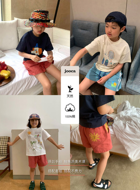 jooca 童装原创纯棉法式可爱印花t恤/南法风情度假风短袖短裤套装