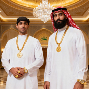 土豪服装!年会阿拉伯迪拜中东富豪cos衣服饰万圣节白色长袍生日