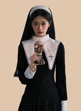 邪恶修女！万圣节cos服装反差派黑化哥特黑暗风恐怖连衣裙成人女