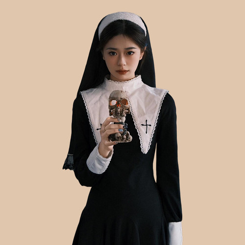 邪恶修女！万圣节cos服装反差派黑化哥特黑暗风恐怖连衣裙成人女