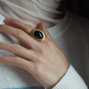 耳边铛170中古黑金色天然石戒指几何椭圆形耳环指环高级感食指戒
